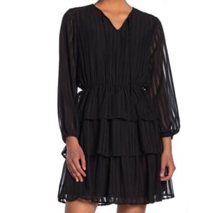 Spirit of Grace Black Tiered Mini Dress Long Sleeve Shadow Stripe Small NWT